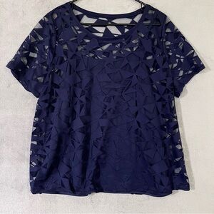 Lane Bryant Lace Mesh Blouse Navy Blue Womens Sz 14/16 Short Sleeved